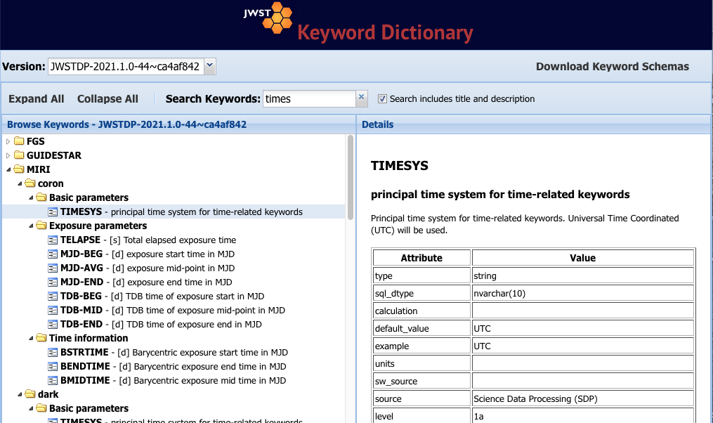 JWST keyword dictionary interface