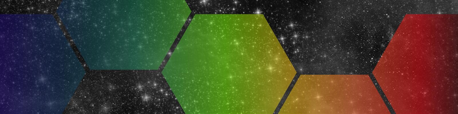 Hexagon shapes filled with a color spectrum over a starry background
