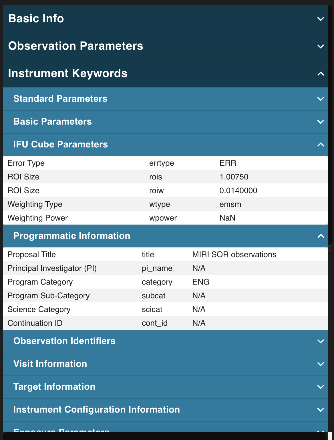 Instrument keywords group - showing the standard, basic, and IFC Parameter sub-panels, along with the Programmatic, Visit, and Target information sub-panels. The sub-panels are cut off at the bottom of the image due to their number