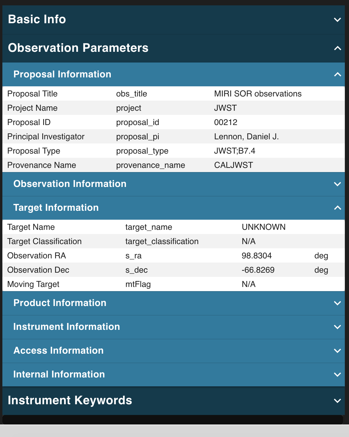 Observation Parameters group - showing the Proposal, Observation, Target, Product, Instrument, Access, and Internal info sub-panels