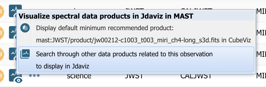Visualize spectral data products dropdown with two options - Display default minimum recommended product, and Search through other related products