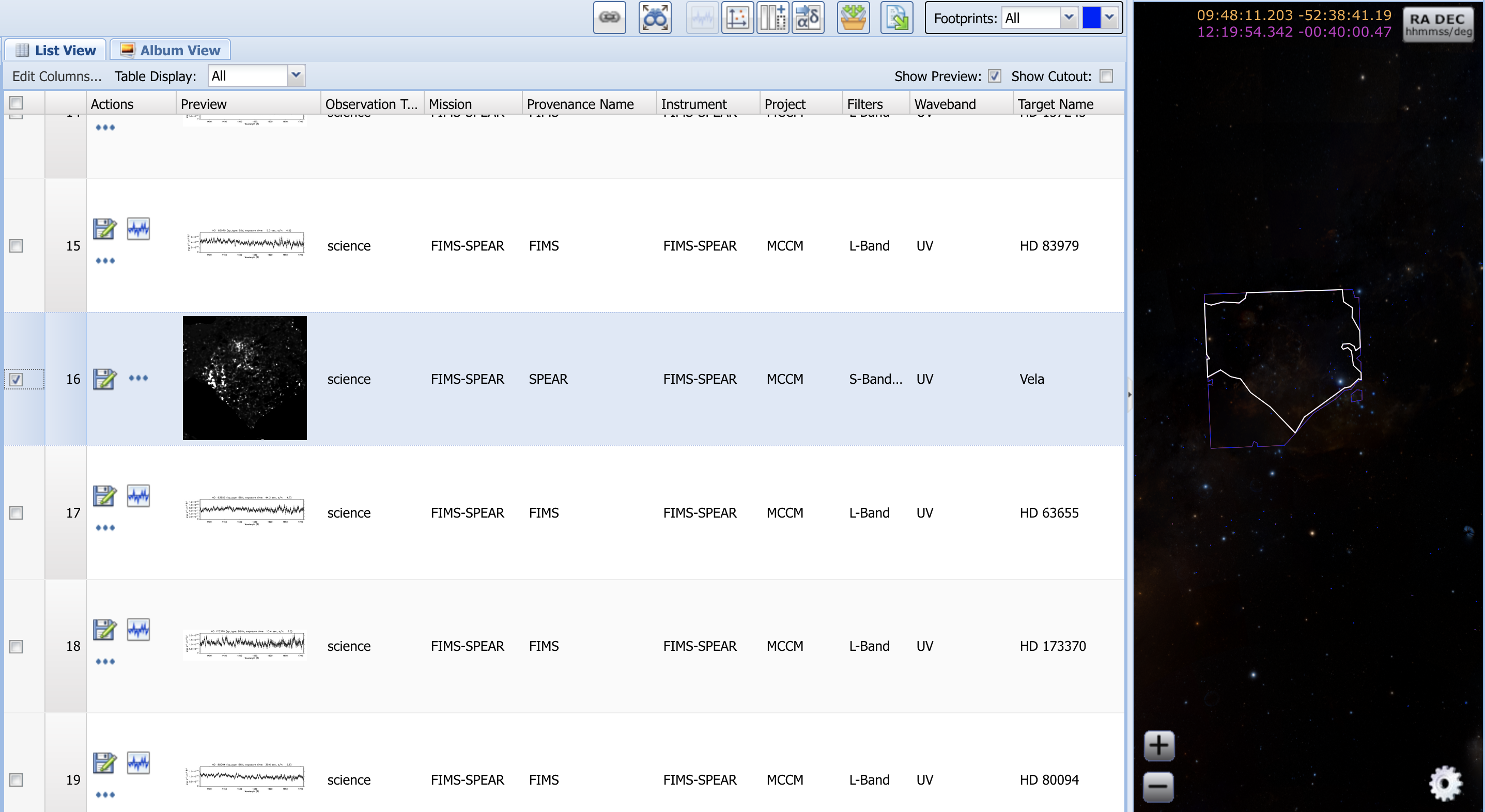 Screenshot of FIMS-SPEAR data in the MAST Portal.