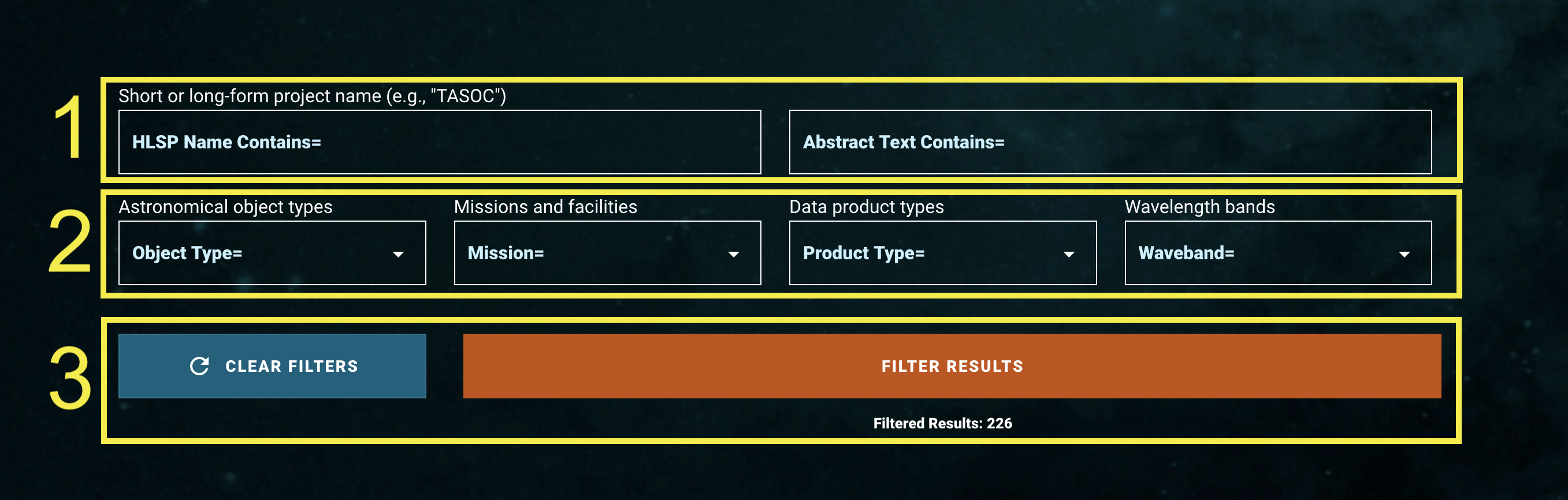 Screenshot of the search form. The top row of components (HLSP name and abstracts) is labeled #1, the middle row of components (object type, mission, product type, waveband) #2, and the search bar #3.