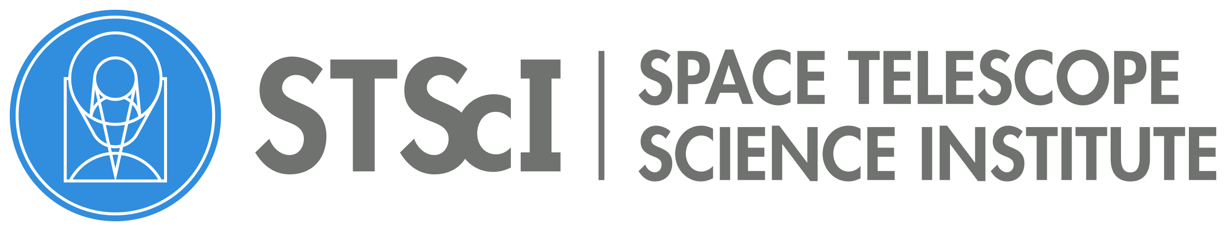 Space Telescop Science Institute Logo, a minimalist telescope design in a light blue circle. 