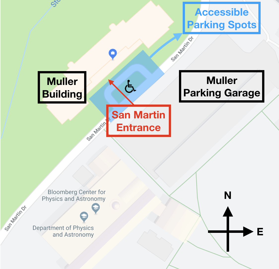 A map of the area surrounding the STScI Muller building which shows the location of the building, the main road and the available parking, including the accessible parking in front.