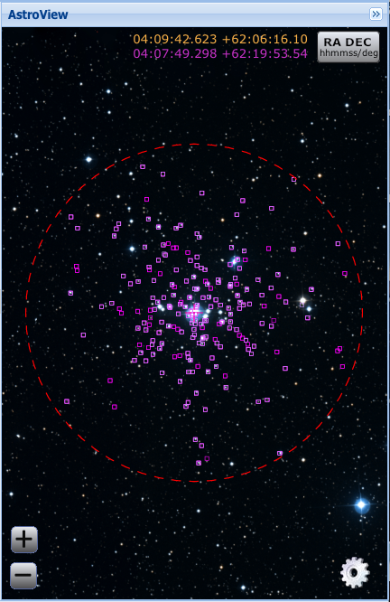 Astroview image of NGC1502 with GAIA DR2 star positions overplotted