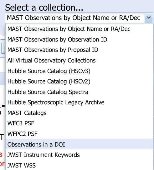 Dropdown for Select a collection. Observations in a DOI is highlighted.