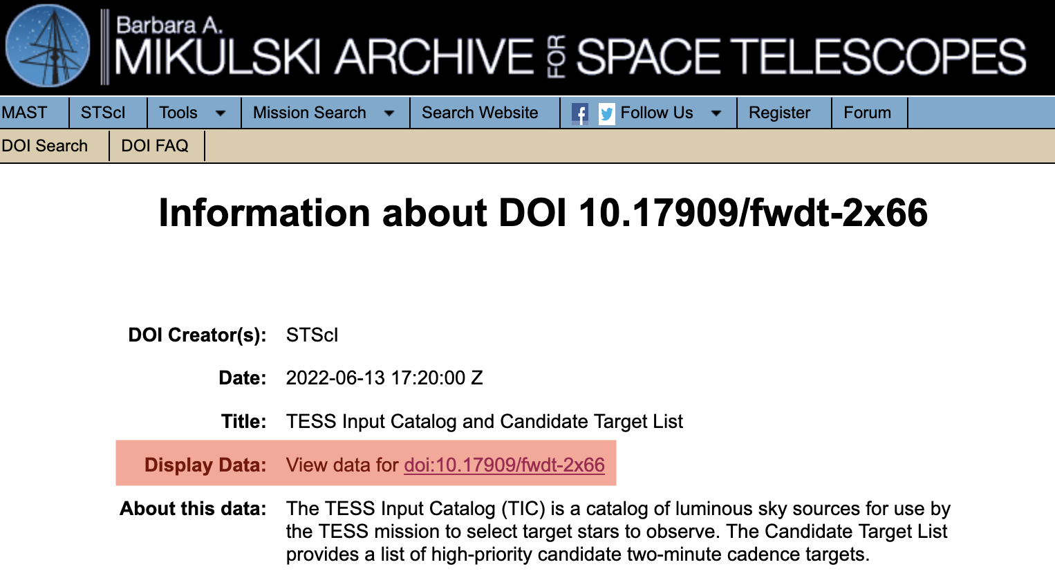 A MAST DOI landing page. A link labeled Display Data is highlighted.