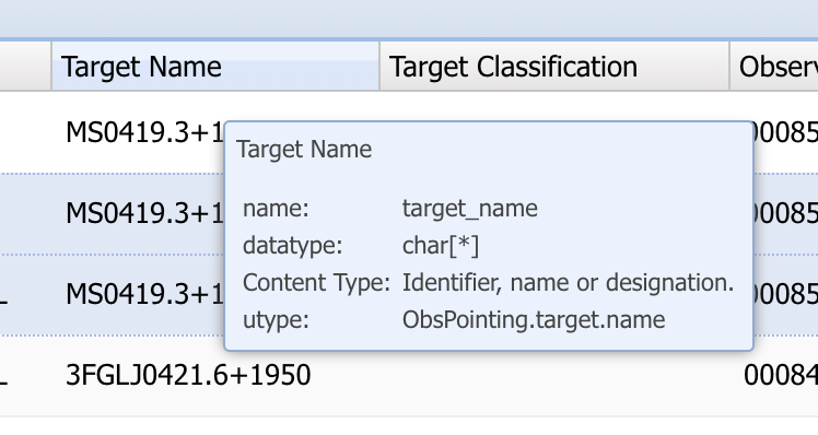 Context help for results table columns