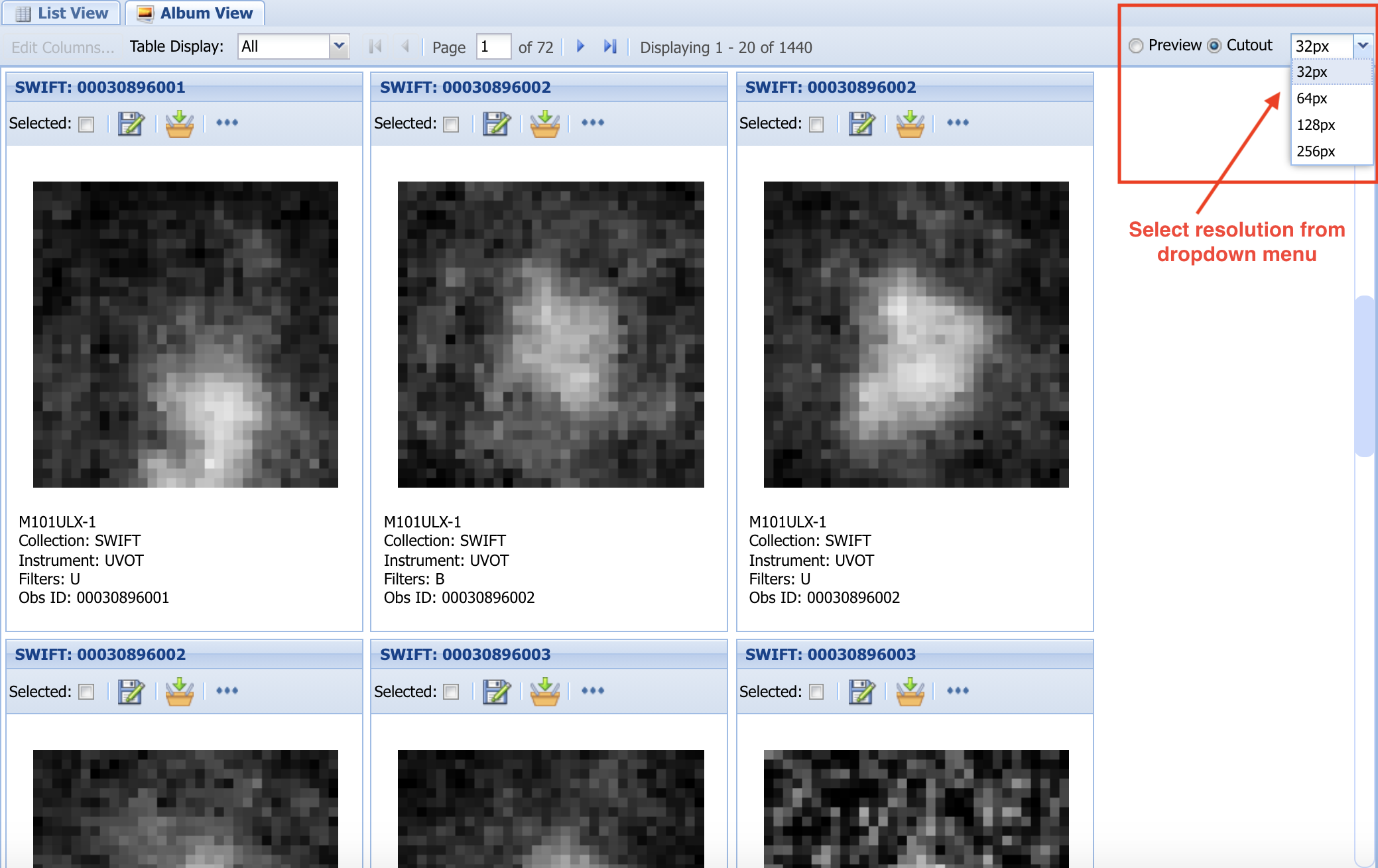 Search results with Album View and cutout size control