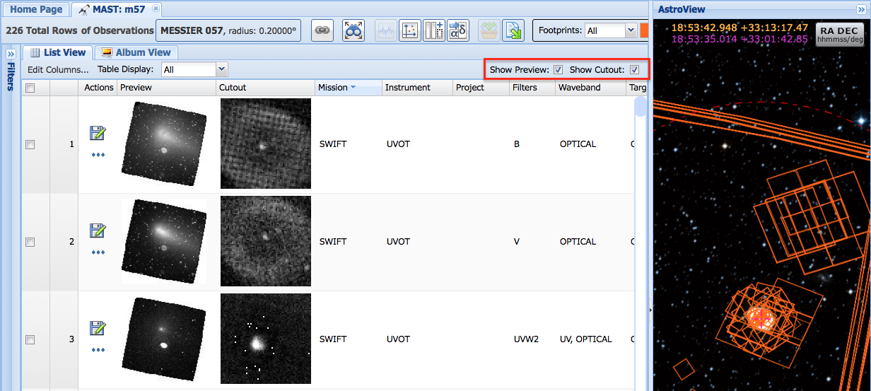 Search Results List with an example query and the 'show cutout' option checked. This displays available FITS cutouts