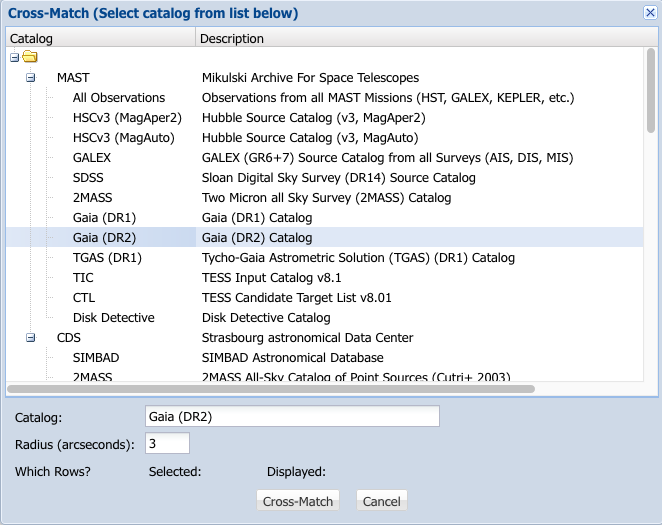 Cross-match tool selection dialog