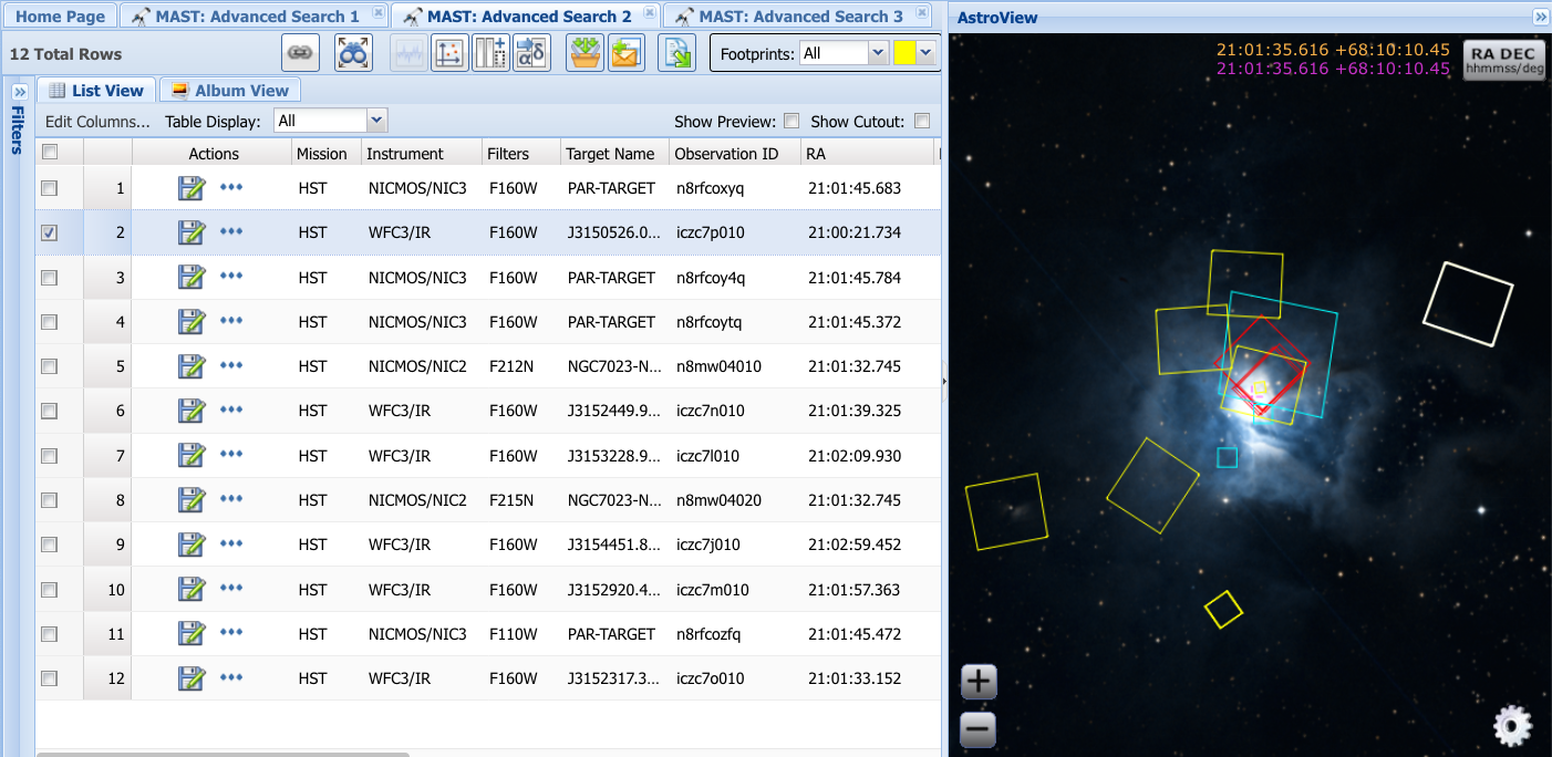 Search results, with footprints in AstroView