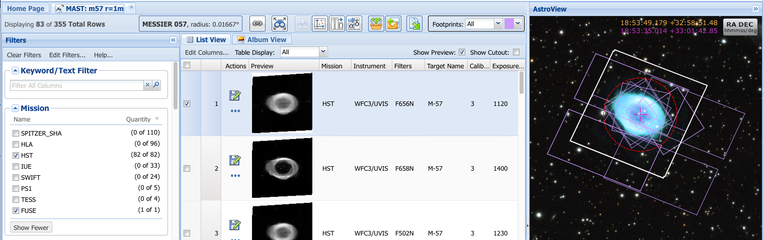 Portal search results, showing the Filters, results table, and AstroView tool