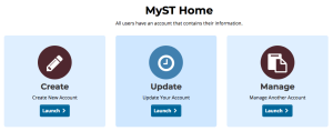 MyST landing page with three columns - Create, Update, and Manage Accounts