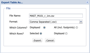 Export results table dialog